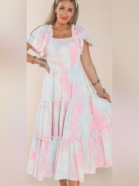 Ivy City Co Tie-Dye Midi Dress - Pink & Light Blue PERFECT FOR GENDER REVEAL!